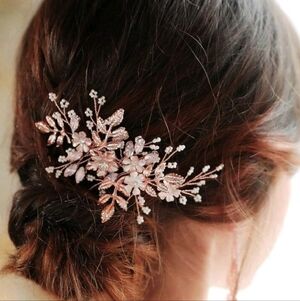 Bridal Comb Rose Gold Floral Leaves Rhinestone Faux Pearl Wedding Hair Comb
